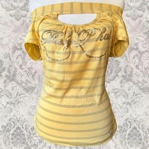 Baby Phat Yellow Striped Y2K 2000s Women's Large Off Shoulder Summer Top